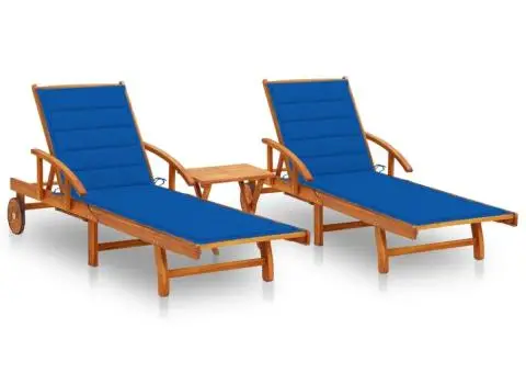 Șezlonguri, 2 buc., cu masă și perne, lemn masiv de acacia - 1/5