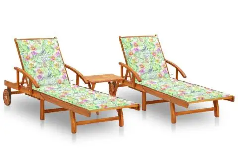 Șezlonguri, 2 buc., cu masă și perne, lemn masiv de acacia - 1/5