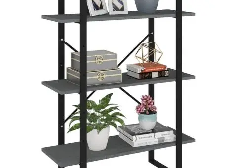 Bibliotecă cu 3 rafturi, gri, 80x30x105 cm, lemn masiv de pin - 3/5