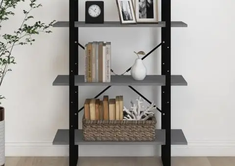 Bibliotecă cu 3 rafturi, gri, 80x30x105 cm, lemn masiv de pin - 4/5