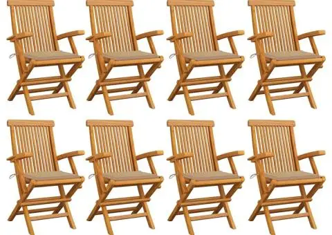Scaune de grădină cu perne bej, 8 buc., lemn masiv de tec - 1/5
