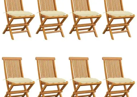 Scaune de grădină cu perne alb crem, 8 buc., lemn masiv de tec - 1/5