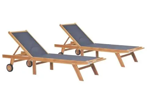 Șezlonguri pliabile cu roți, 2 buc., lemn masiv tec/textilenă - 1/5