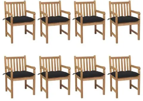 Scaune de grădină cu perne negre, 8 buc., lemn masiv de tec - 1/5