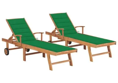 Șezlonguri cu pernă verde, 2 buc., lemn masiv de tec - 1/5