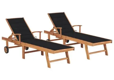 Șezlonguri cu pernă neagră, 2 buc., lemn masiv de tec - 1/5