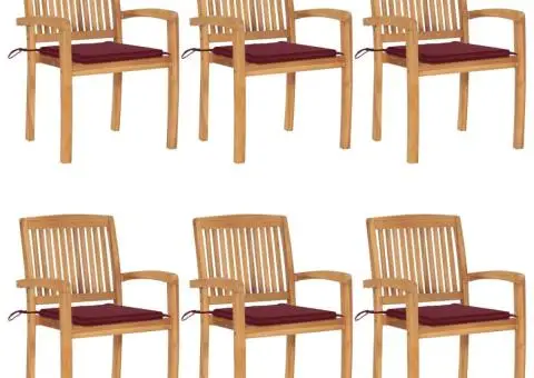 Scaune grădină stivuibile cu perne, 6 buc, lemn masiv tec - 1/5
