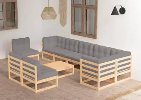 Set mobilier grădină cu perne, 10 piese, lemn masiv de pin - 1/5