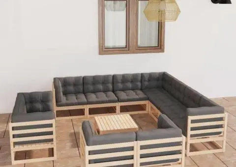 Set mobilier de grădină cu perne, 12 piese, lemn masiv de pin - 1/5