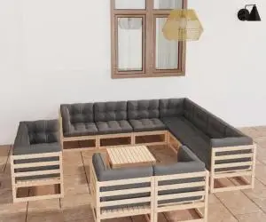 vidaXL Set mobilier de grădină cu perne, 12 piese, lemn masiv de pin