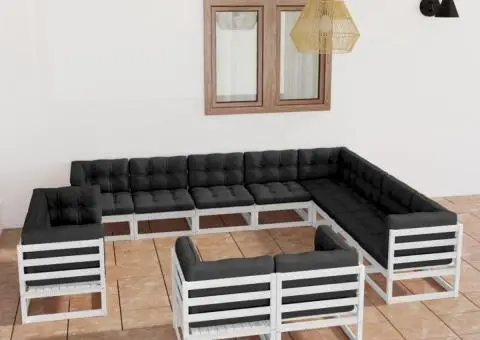 Set mobilier de grădină cu perne, 12 piese, alb, lemn masiv pin - 1/5