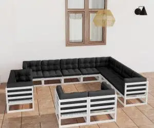 vidaXL Set mobilier de grădină cu perne, 12 piese, alb, lemn masiv pin