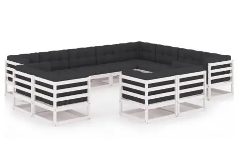 Set mobilier de grădină cu perne, 12 piese, alb, lemn masiv pin - 2/5