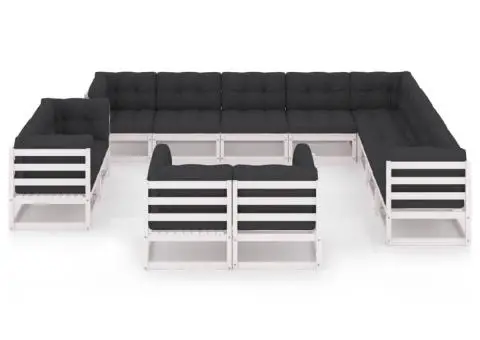Set mobilier de grădină cu perne, 12 piese, alb, lemn masiv pin - 3/5