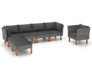 vidaXL Set mobilier grădină, 7 piese, gri, poliratan și lemn eucalipt