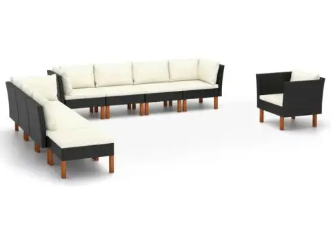 Set mobilier grădină, 9 piese, negru poliratan și lemn eucalipt - 1/5