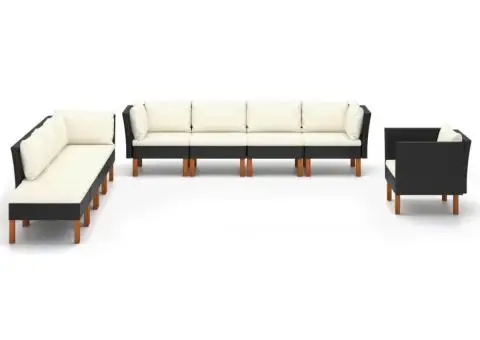 Set mobilier grădină, 9 piese, negru poliratan și lemn eucalipt - 2/5