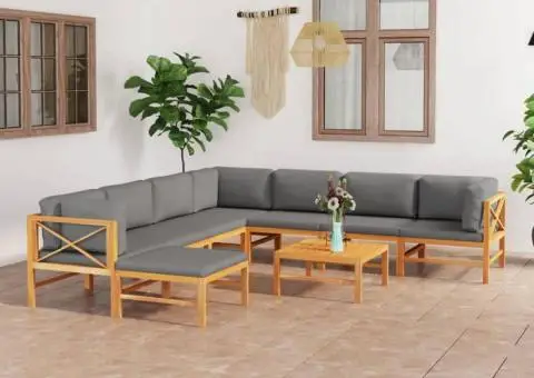 Set mobilier grădină cu perne gri, 9 piese, lemn masiv de tec - 1/5