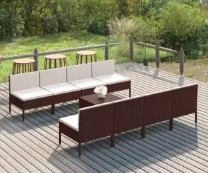 Set mobilier de grădină cu perne, 9 piese, maro, poliratan