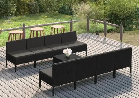 Set mobilier de grădină cu perne, 9 piese, negru, poliratan - 1/5