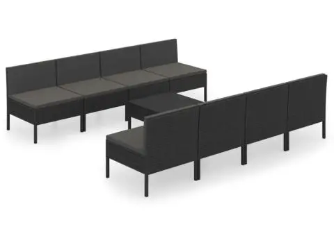 Set mobilier de grădină cu perne, 9 piese, negru, poliratan - 2/5