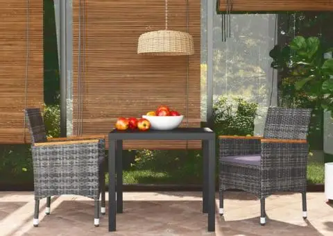 Set de masă pentru grădină cu perne, 3 piese, gri, poliratan - 1/5