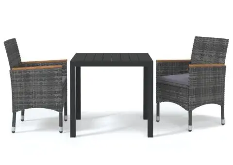 Set de masă pentru grădină cu perne, 3 piese, gri, poliratan - 2/5
