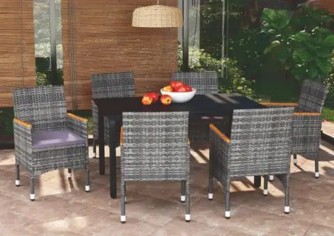 Set de masă pentru grădină cu perne, 7 piese, gri, poliratan - 1/5