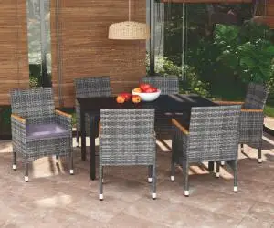 vidaXL Set de masă pentru grădină cu perne, 7 piese, gri, poliratan