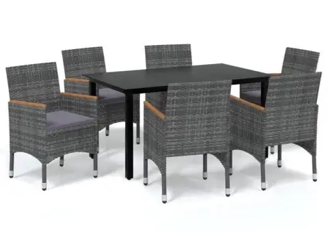 Set de masă pentru grădină cu perne, 7 piese, gri, poliratan - 2/5