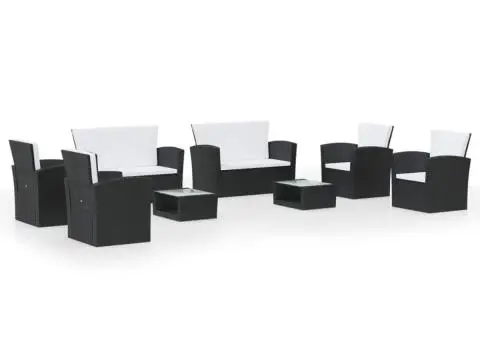 Set mobilier de grădină cu perne, 8 piese, negru, poliratan - 2/5