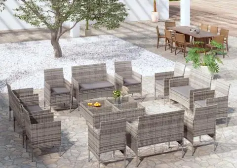 Set mobilier de grădină cu perne, 16 piese, gri, poliratan - 1/5