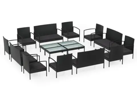 Set mobilier de grădină cu perne, 16 piese, negru, poliratan - 2/5