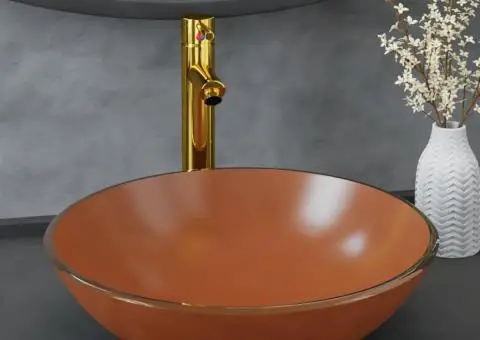 Chiuvetă baie, robinet și scurgere tip push, maro sticlă călită - 1/5