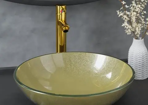 Chiuvetă baie cu robinet și scurgere tip push, sticlă aurie - 1/5