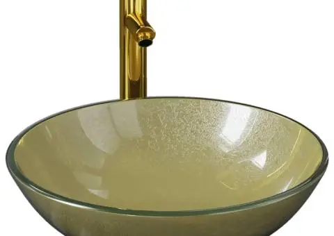 Chiuvetă baie cu robinet și scurgere tip push, sticlă aurie - 2/5