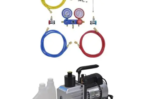 Pompă de vid 50 L/min cu set de manometre cu 2 căi în set scule - 1/5