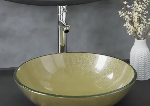 Chiuvetă baie, robinet și scurgere tip push auriu sticlă călită - 1/5