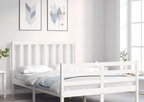 Cadru de pat cu tăblie, dublu, alb, lemn masiv - 1/5