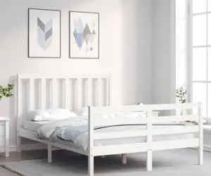 vidaXL Cadru de pat cu tăblie, dublu, alb, lemn masiv
