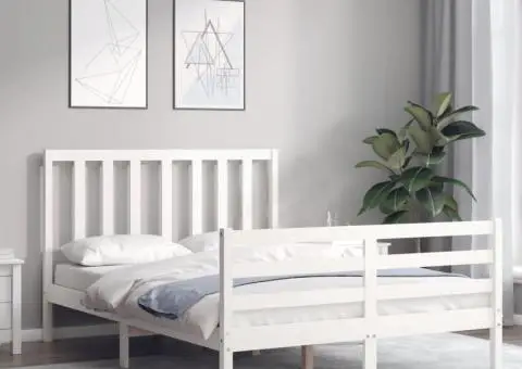 Cadru de pat cu tăblie, dublu, alb, lemn masiv - 3/5