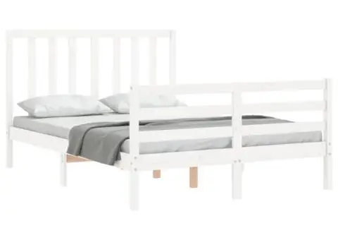 Cadru de pat cu tăblie, dublu, alb, lemn masiv - 4/5