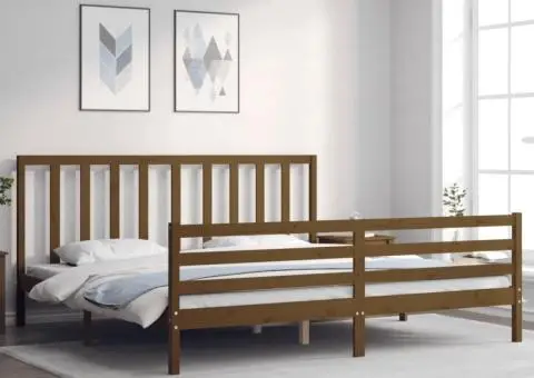 Cadru pat cu tăblie, maro miere, 200x200 cm, lemn masiv - 1/5