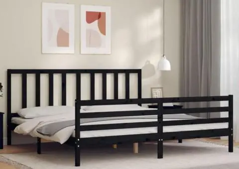 Cadru pat cu tăblie 200x200 cm, negru, lemn masiv - 1/5