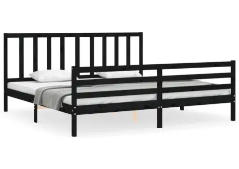 Cadru pat cu tăblie 200x200 cm, negru, lemn masiv - 2/5