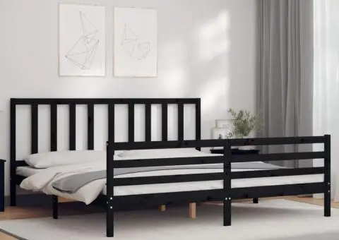 Cadru pat cu tăblie 200x200 cm, negru, lemn masiv - 3/5