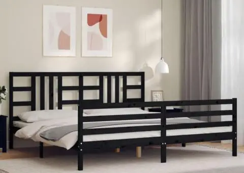 Cadru pat cu tăblie 200x200 cm, negru, lemn masiv - 1/5