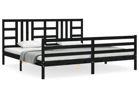 Cadru pat cu tăblie 200x200 cm, negru, lemn masiv - 2/5