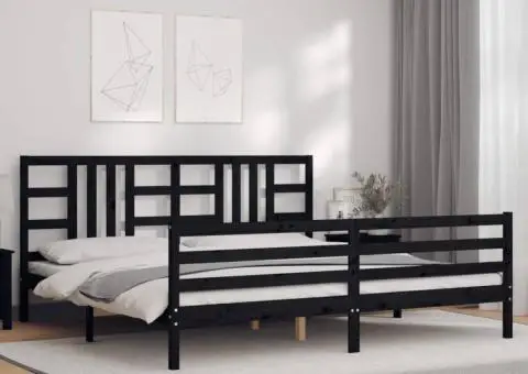 Cadru pat cu tăblie 200x200 cm, negru, lemn masiv - 3/5