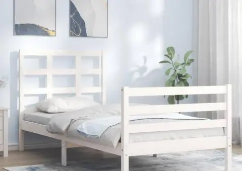 Cadru de pat cu tăblie, alb, 90x200 cm, lemn masiv - 1/5